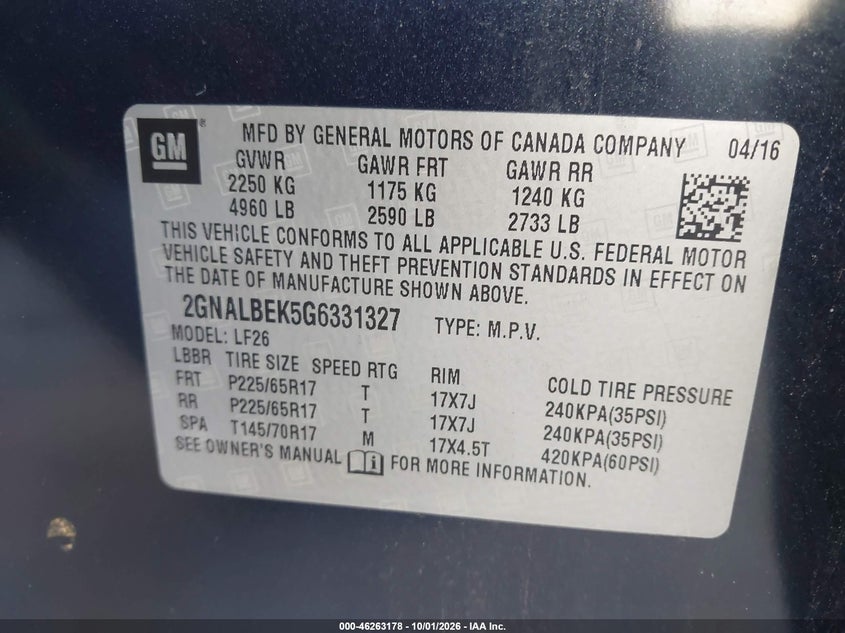 CHEVROLET EQUINOX 2016 VIN 2GNALBEK5G6331327