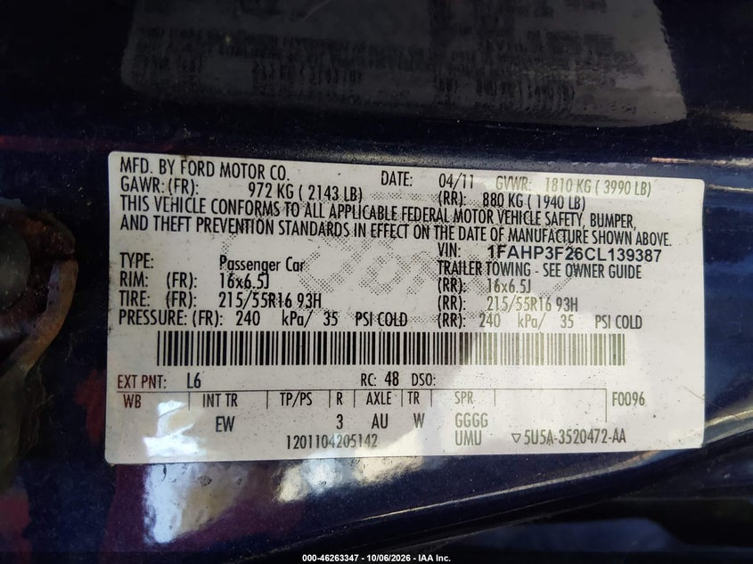 FORD FOCUS 2012 VIN 1FAHP3F26CL139387