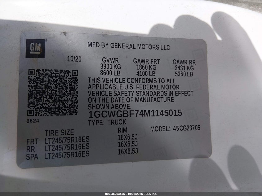 CHEVROLET EXPRESS CARGO 2021 VIN 1GCWGBF74M1145015