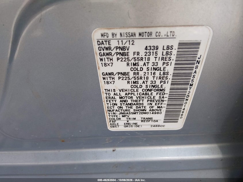 NISSAN ROGUE 2013 VIN JN8AS5MT2DW014960