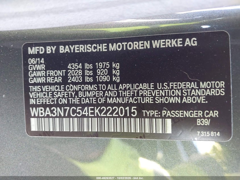 BMW 428I 2014 VIN WBA3N7C54EK222015