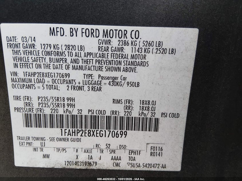 FORD TAURUS 2014 VIN 1FAHP2E8XEG170699