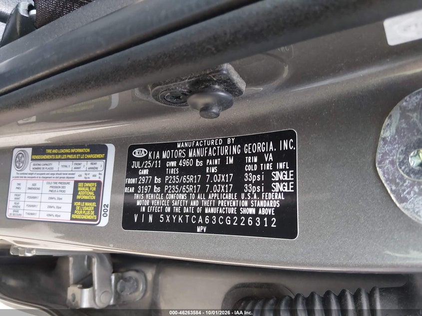 KIA SORENTO 2012 VIN 5XYKTCA63CG226312