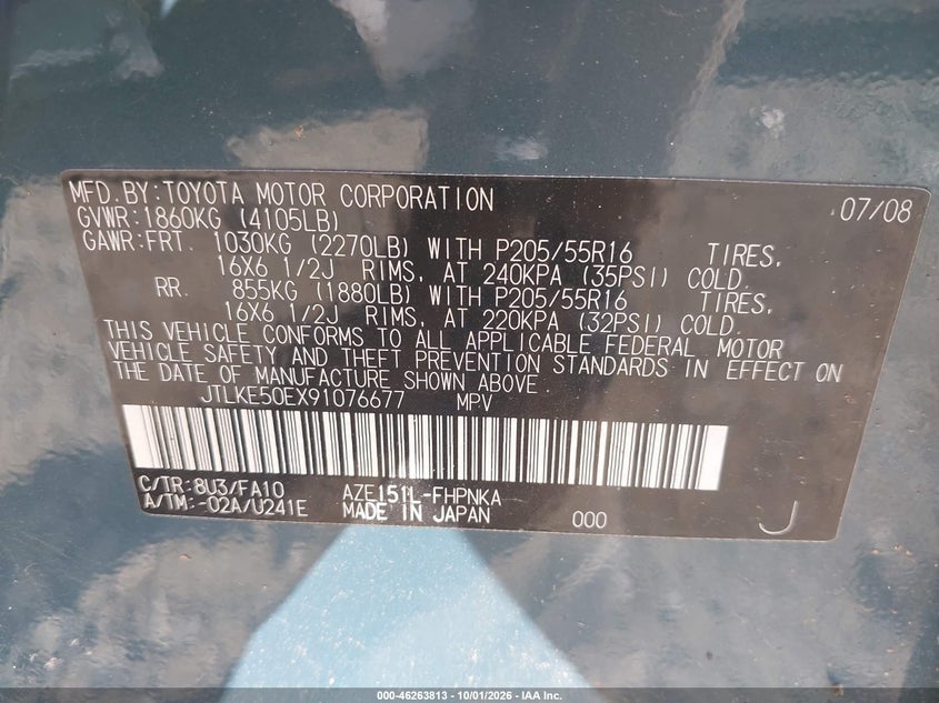SCION XB 2009 VIN JTLKE50EX91076677