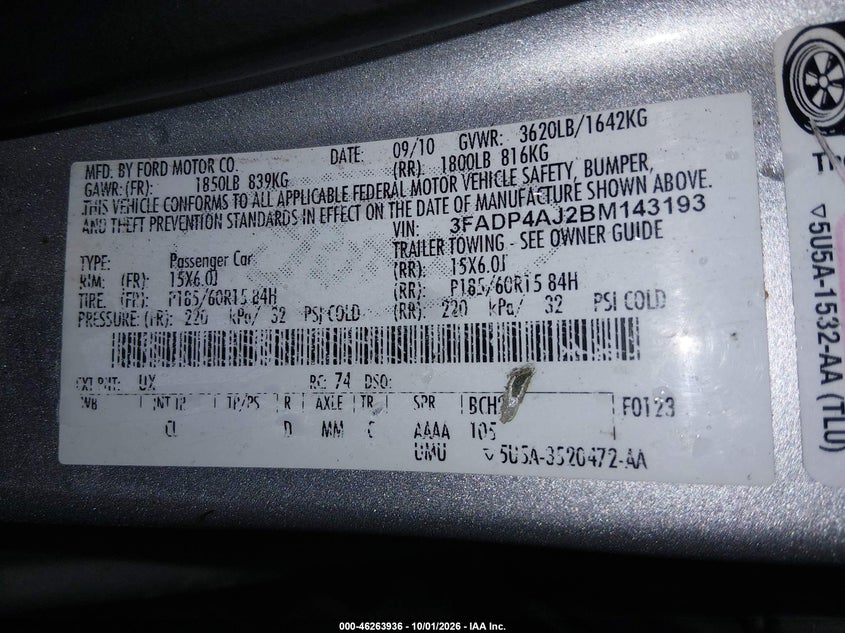 FORD FIESTA 2011 VIN 3FADP4AJ2BM143193