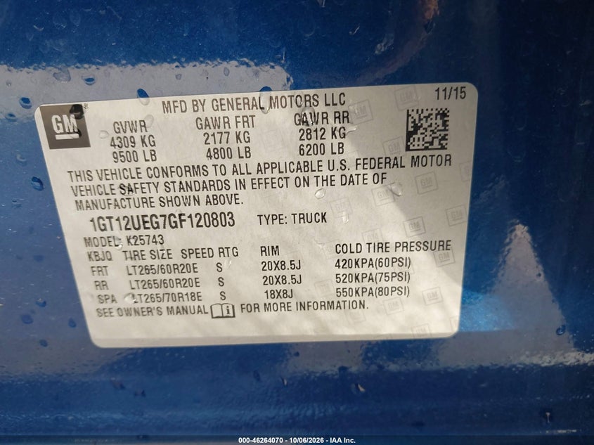 GMC SIERRA 2500HD 2016 VIN 1GT12UEG7GF120803