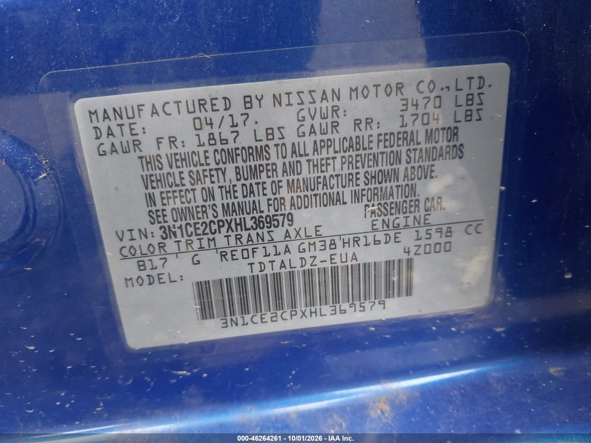 NISSAN VERSA NOTE 2017 VIN 3N1CE2CPXHL369579