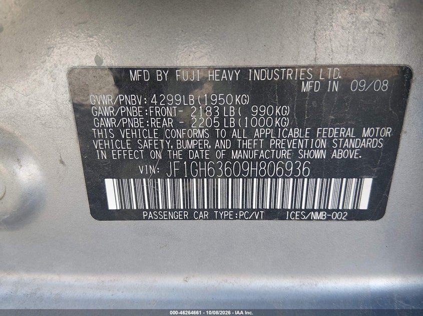 SUBARU IMPREZA OUTBACK SPORT 2009 VIN JF1GH63609H806936