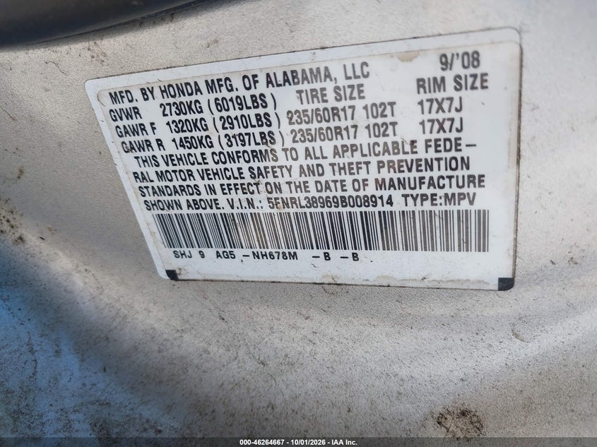 HONDA ODYSSEY 2009 VIN 5FNRL38969B008914