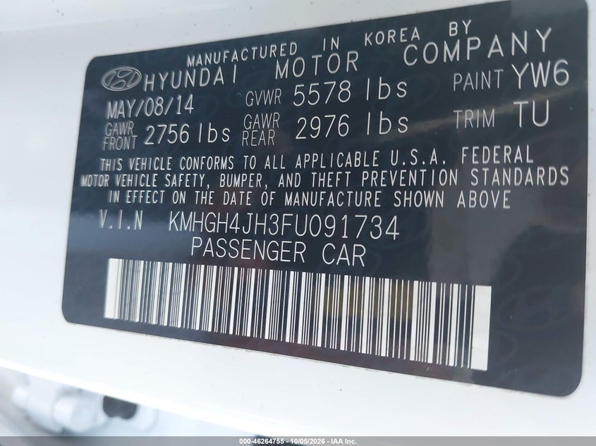 HYUNDAI EQUUS 2015 VIN KMHGH4JH3FU091734
