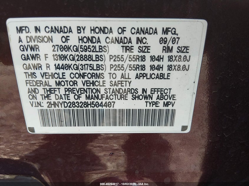 ACURA MDX 2008 VIN 2HNYD28328H504407