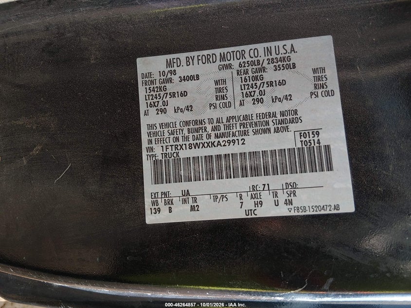 FORD F-150 WORK SERIES 1999 VIN 1FTRX18WXXKA29912