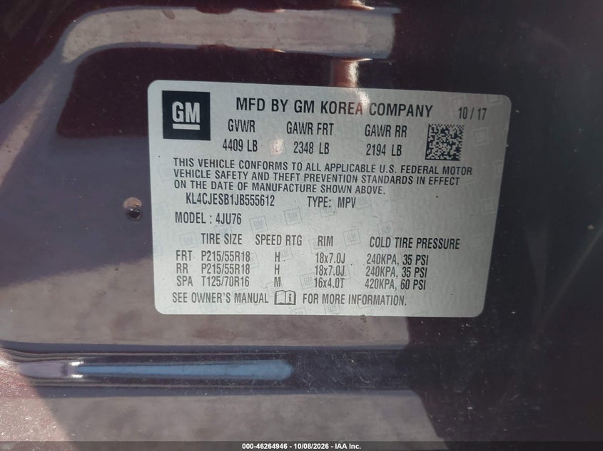 BUICK ENCORE 2018 VIN KL4CJESB1JB555612