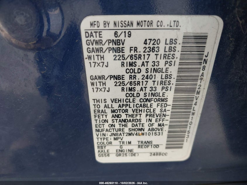 NISSAN ROGUE 2020 VIN JN8AT2MV4LW101531