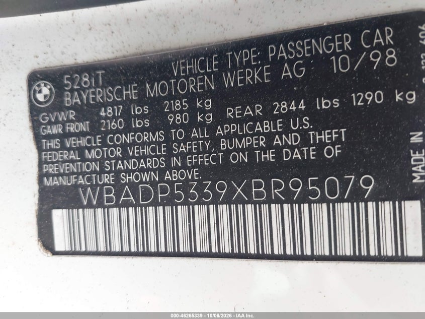 BMW 528I 1999 VIN WBADP5339XBR95079