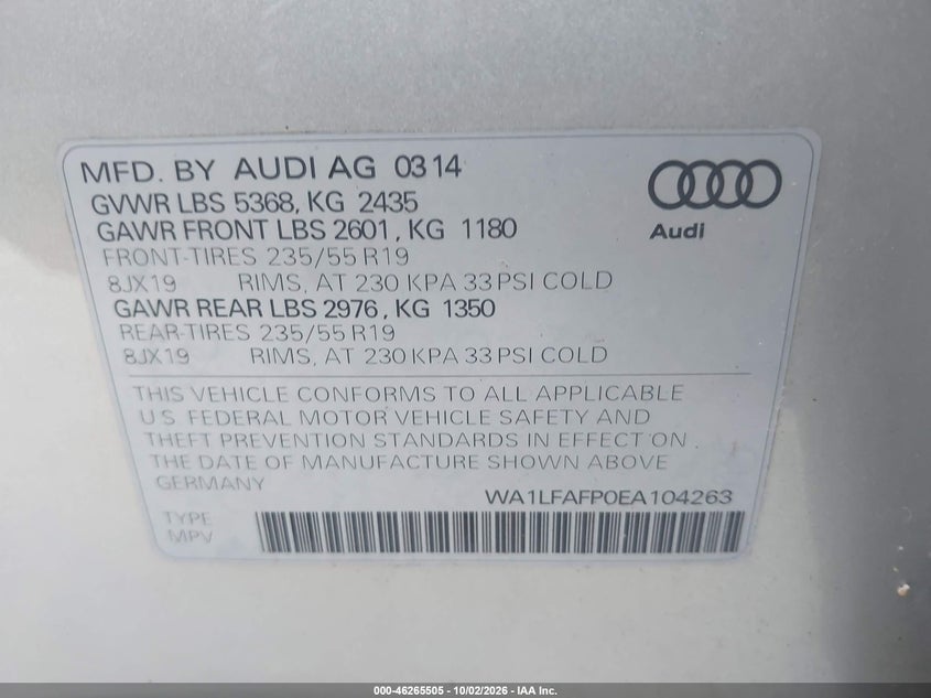 AUDI Q5 2014 VIN WA1LFAFP0EA104263