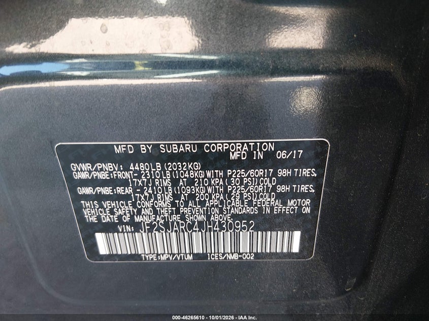 SUBARU FORESTER 2018 VIN JF2SJARC4JH430952