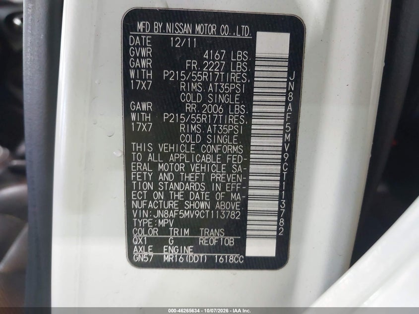 NISSAN JUKE 2012 VIN JN8AF5MV9CT113782