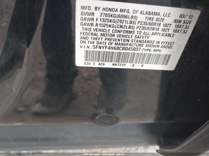 HONDA PILOT 2012 VIN 5FNYF4H68CB045937