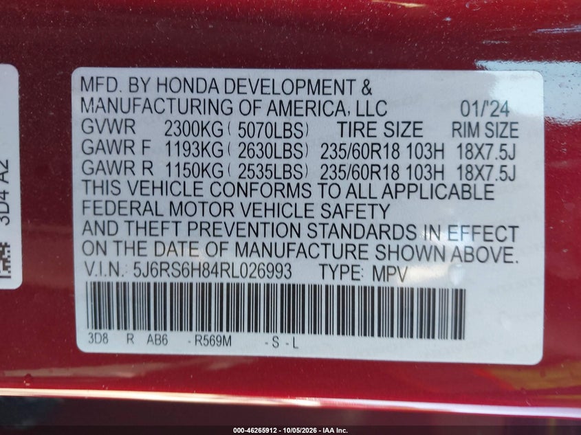 HONDA CR-V HYBRID 2024 VIN 5J6RS6H84RL026993