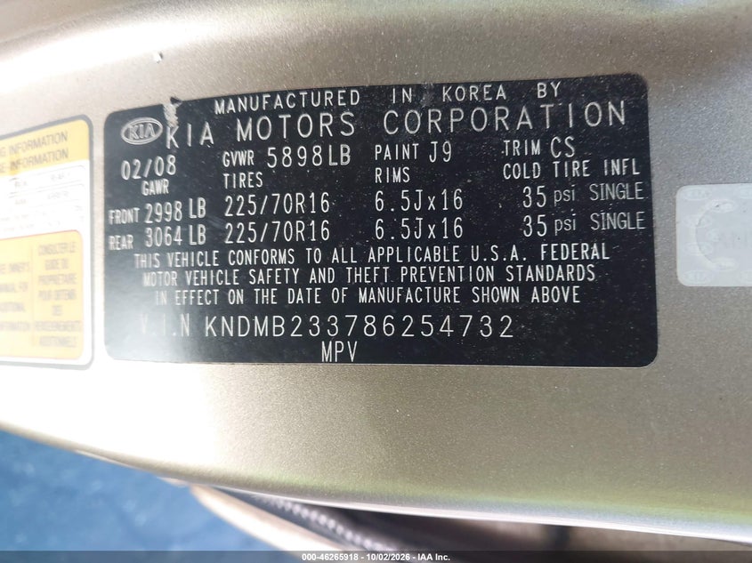 KIA SEDONA 2008 VIN KNDMB233786254732