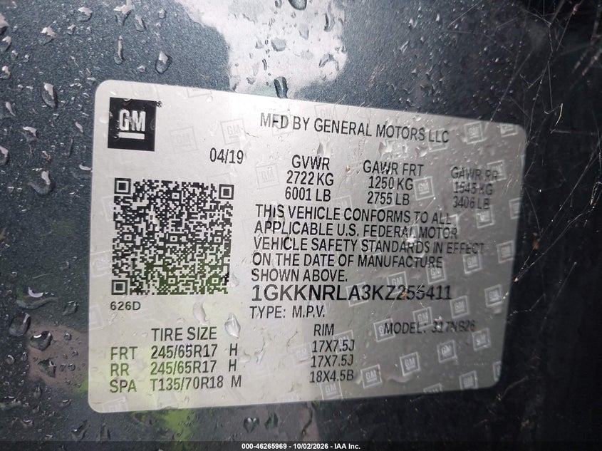 GMC ACADIA 2019 VIN 1GKKNRLA3KZ255411