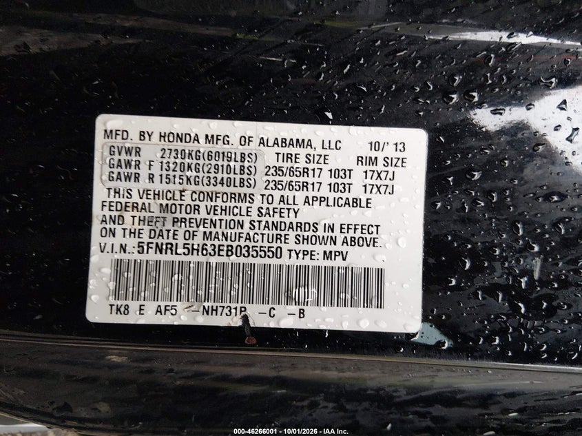 HONDA ODYSSEY 2014 VIN 5FNRL5H63EB035550