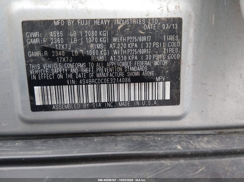 SUBARU OUTBACK 2014 VIN 4S4BRCDC0E3214086