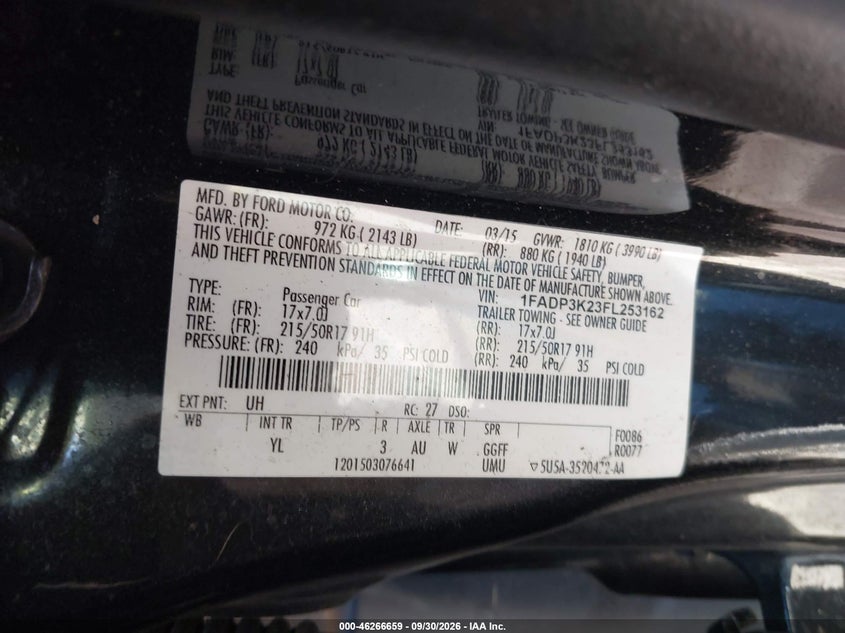 FORD FOCUS 2015 VIN 1FADP3K23FL253162