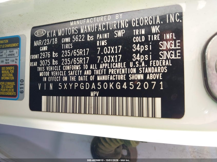 KIA SORENTO 2019 VIN 5XYPGDA50KG452071