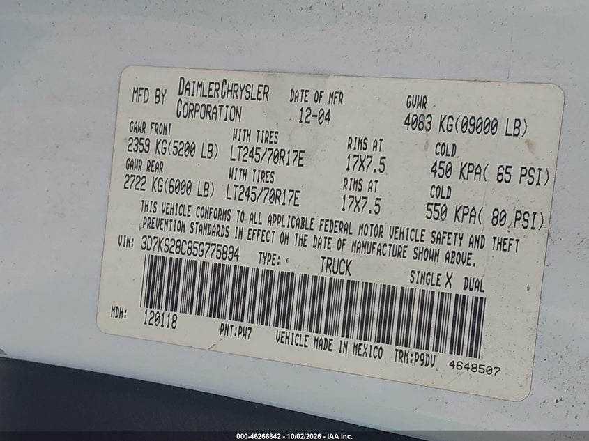 DODGE RAM 2500 2005 VIN 3D7KS28C85G775894