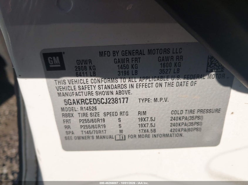 BUICK ENCLAVE 2012 VIN 5GAKRCED5CJ238177