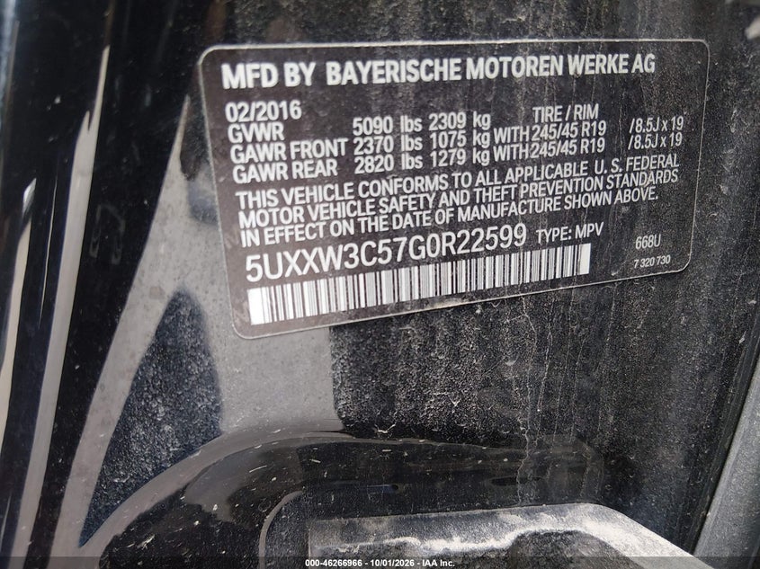 BMW X4 2016 VIN 5UXXW3C57G0R22599