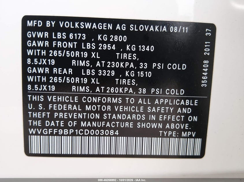 VOLKSWAGEN TOUAREG 2012 VIN WVGFF9BP1CD003084
