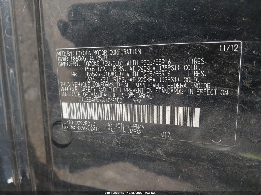 SCION XB 2012 VIN JTLZE4FE9CJ029180
