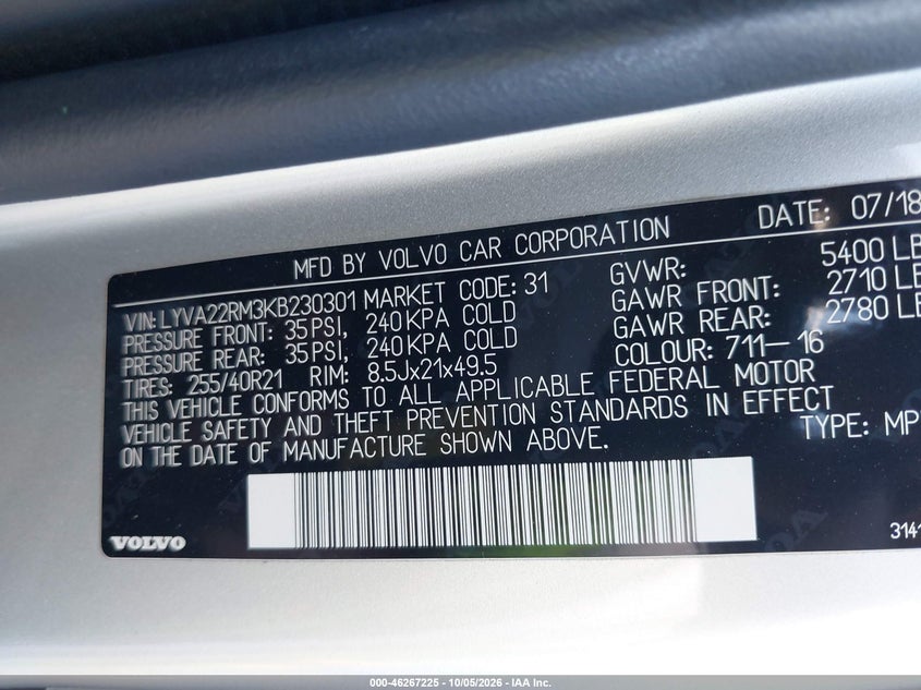 VOLVO XC60 2019 VIN LYVA22RM3KB230301