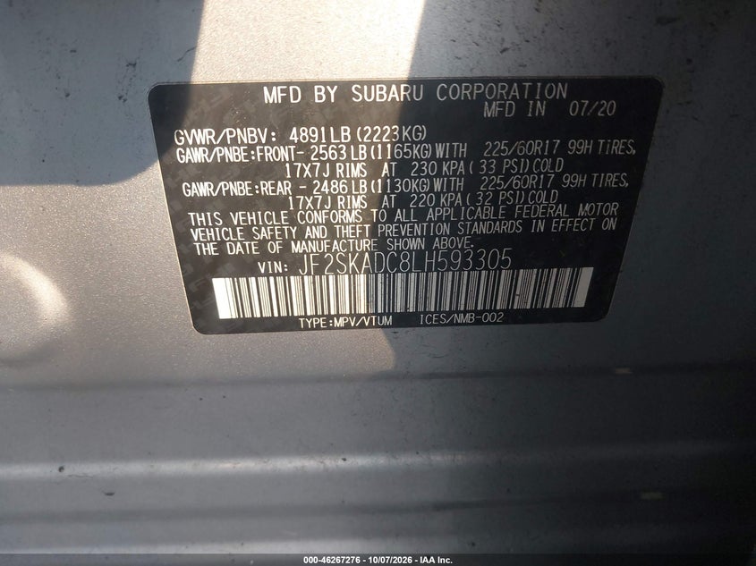 SUBARU FORESTER 2020 VIN JF2SKADC8LH593305