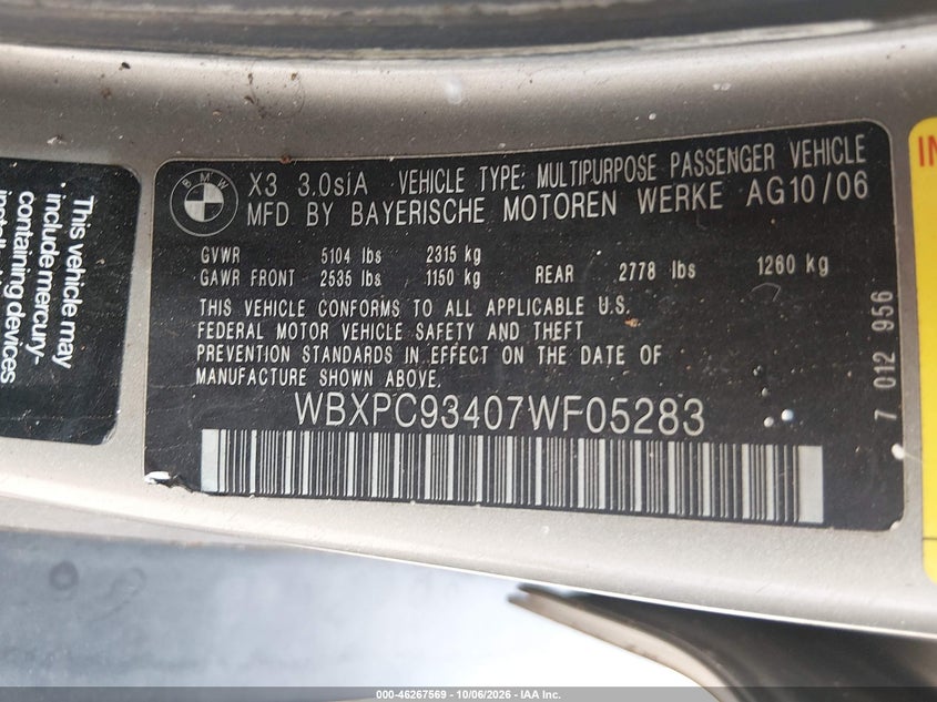 BMW X3 2007 VIN WBXPC93407WF05283