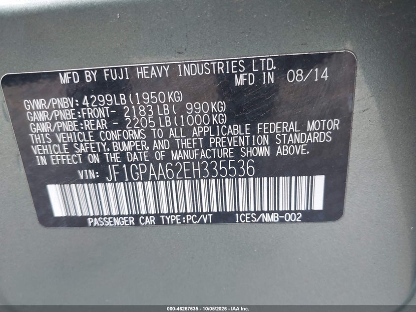 SUBARU IMPREZA 2014 VIN JF1GPAA62EH335536