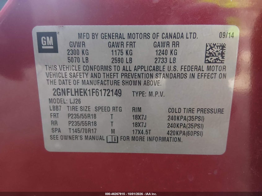 CHEVROLET EQUINOX 2015 VIN 2GNFLHEK1F6172149