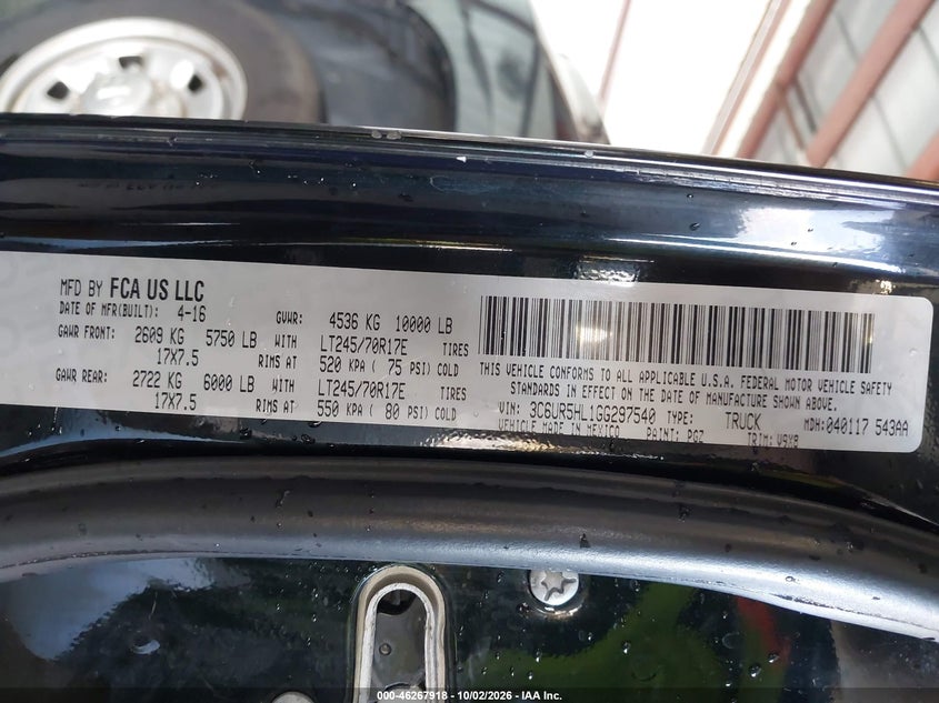 RAM 2500 2016 VIN 3C6UR5HL1GG297540