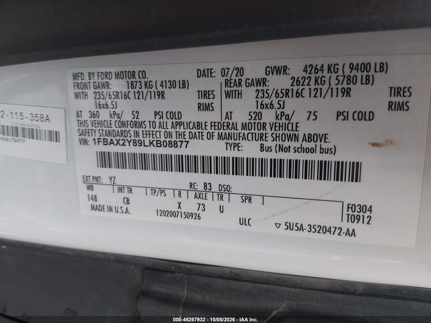 FORD TRANSIT-350 PASSENGER VAN 2020 VIN 1FBAX2Y89LKB08877