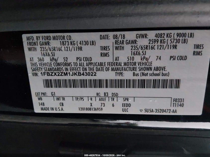 FORD TRANSIT-350 2018 VIN 1FBZX2ZM1JKB43022