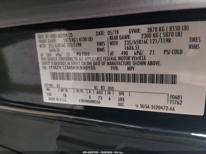 FORD TRANSIT-150 2019 VIN 1FMZK1ZM8KKB00153