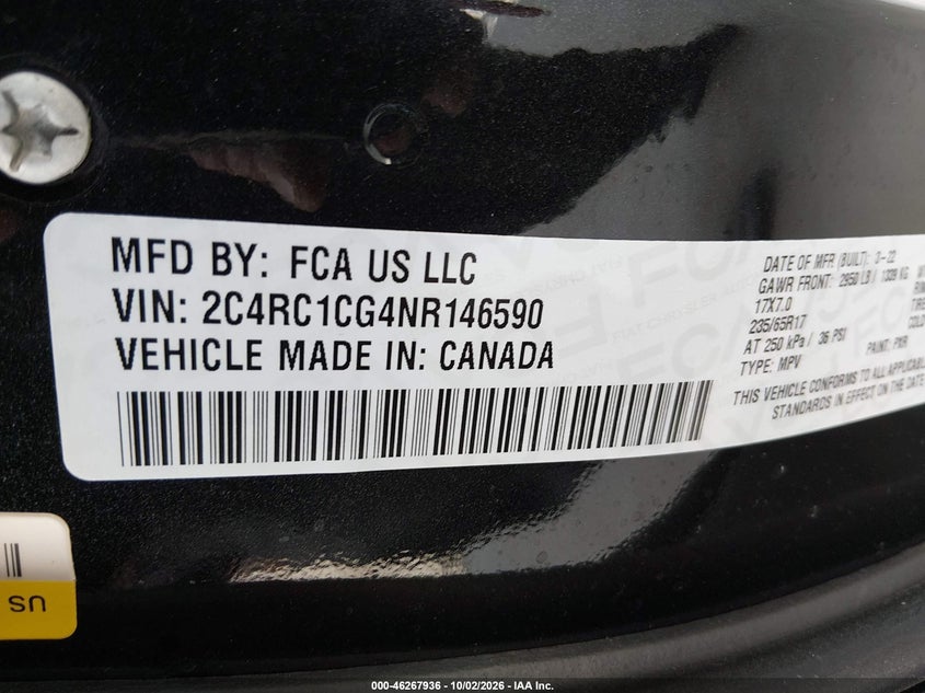 CHRYSLER VOYAGER 2022 VIN 2C4RC1CG4NR146590