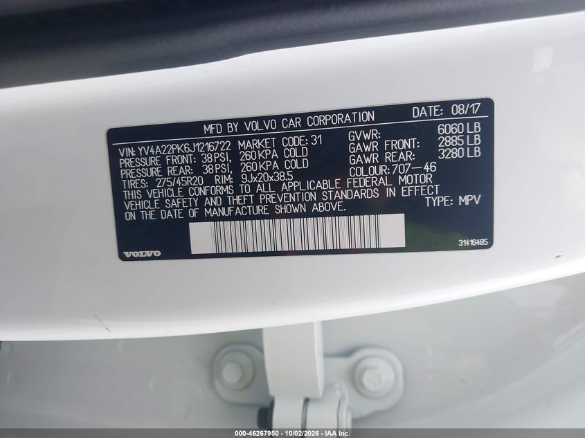 VOLVO XC90 2018 VIN YV4A22PK6J1216722