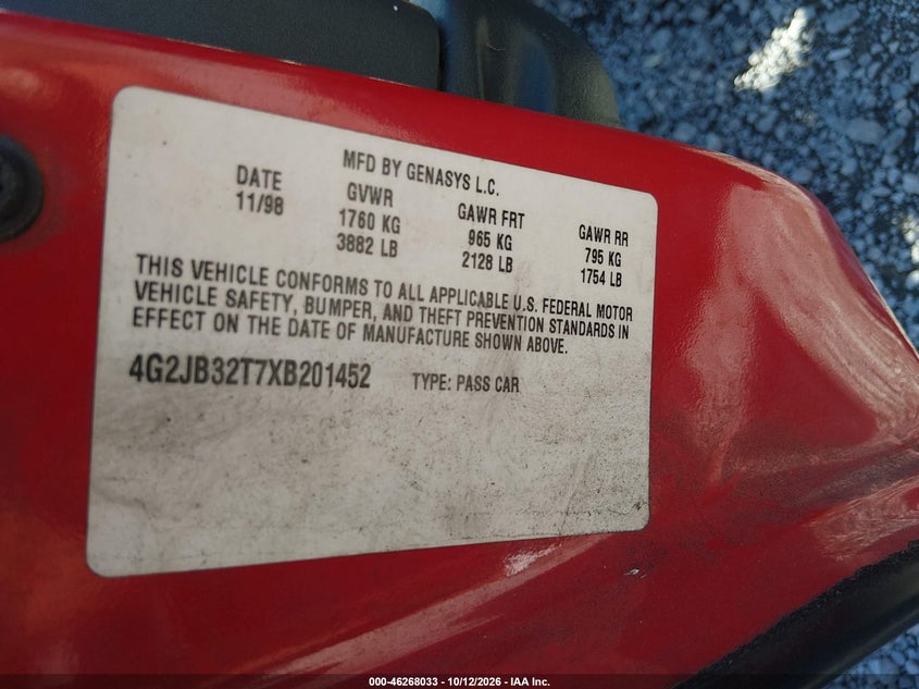 PONTIAC SUNFIRE 2000 VIN 4G2JB32T2YB202591