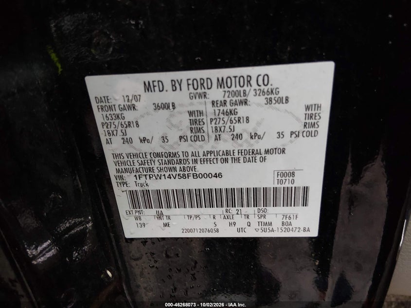 FORD F150 2008 VIN 1FTPW14V58FB00046