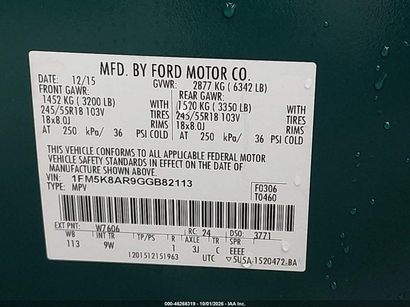FORD UTILITY POLICE INTERCEPTOR 2016 VIN 1FM5K8AR9GGB82113