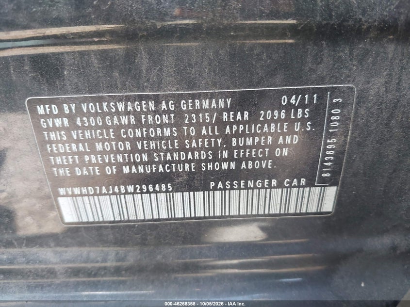 VOLKSWAGEN GTI 2011 VIN WVWHD7AJ4BW296485